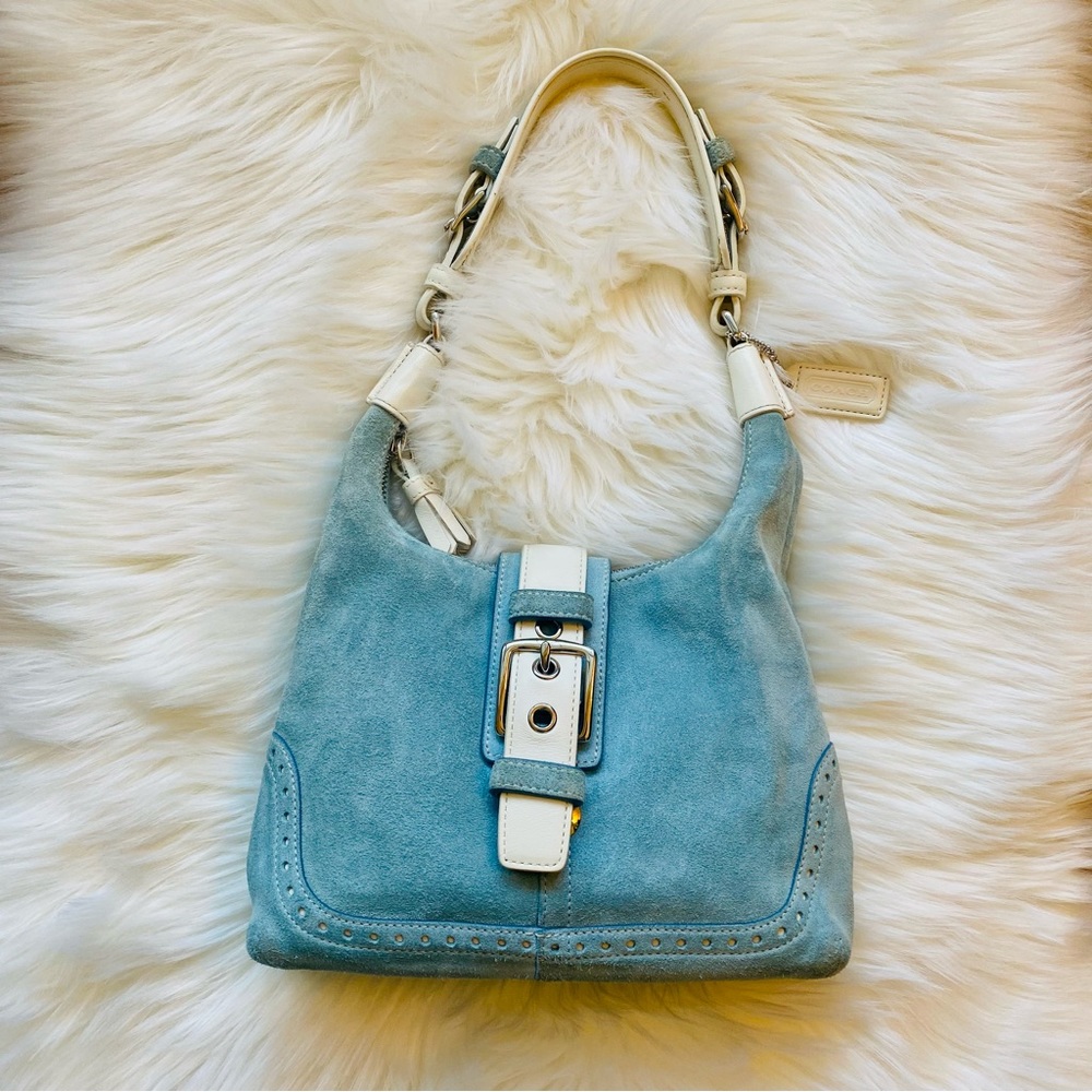 Coach Suede Purse Light Blue Suede with White Leather Trim